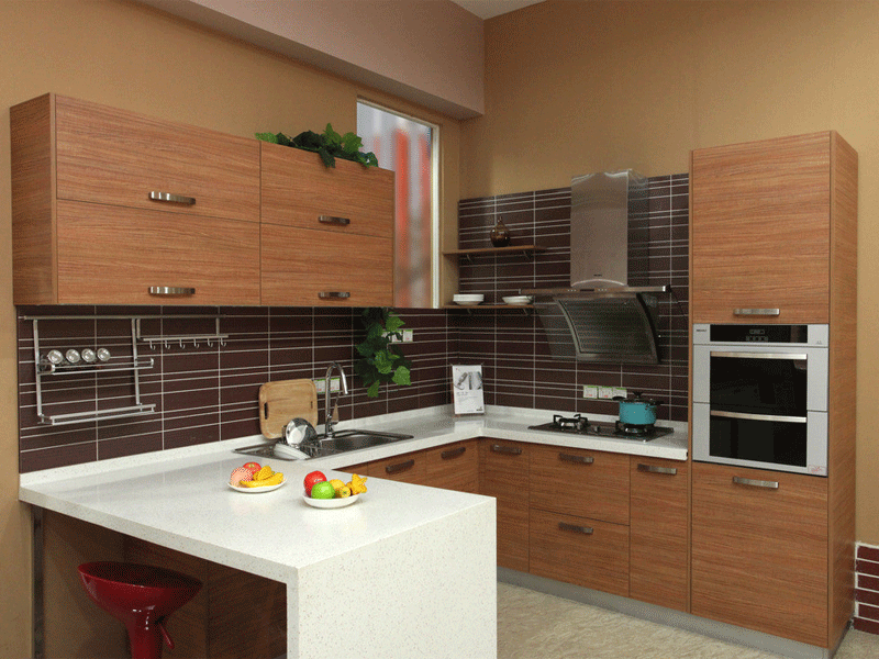 Mahogany Wooden Color Kitchen Cabinets, Flat Front Wood Kitchen Cabinets