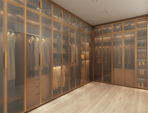 Golden Color Frame Brown Glass Door Wardrobe